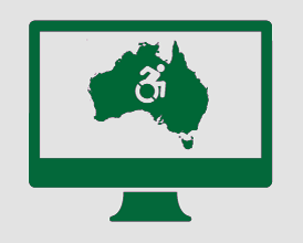 A monitor displaying an image of Australia, and a person moving forward in a wheelchair.