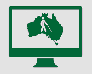 A monitor showing Australia, and a person walking with a white cane.