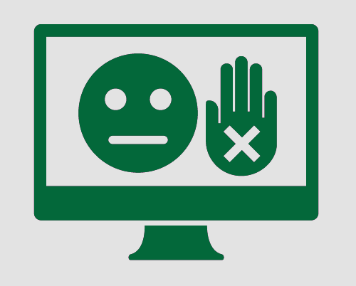 A monitor showing a sad face, and a hand held up to mean 'stop'. The hand has a cross in it to reinforce the idea of 'stop'.