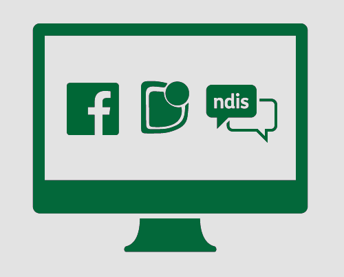 A monitor showing the Facebook logo, the stylised "D" from the Down Syndrome Australia logo, and a conversation with 'ndis' in it. 