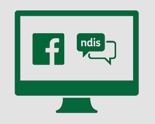 Monitor with Facebook logo and speech bubbles. One of the speech bubbles says 'ndis'.