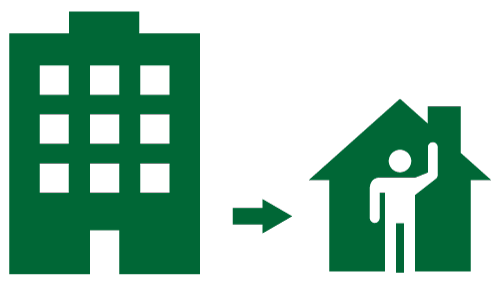 A large hospital style building, and an arrow pointing towards a smaller, happier home.