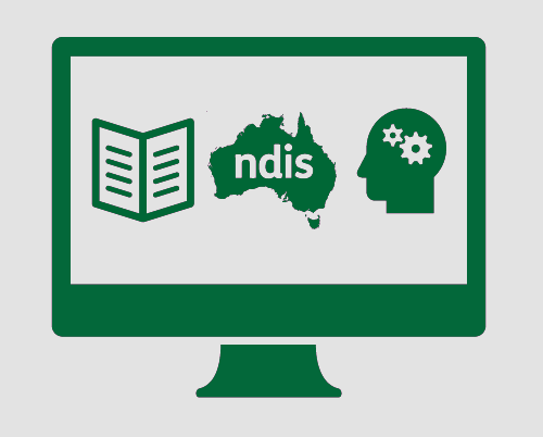 A monitor displaying a booklet, an outline of Australia, 'ndis', and a human head with cogs inside it.
