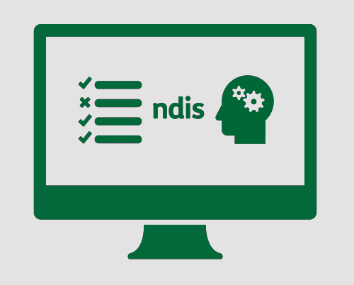 A monitor, with a checklist, 'ndis', and a person's head with cogs in it.