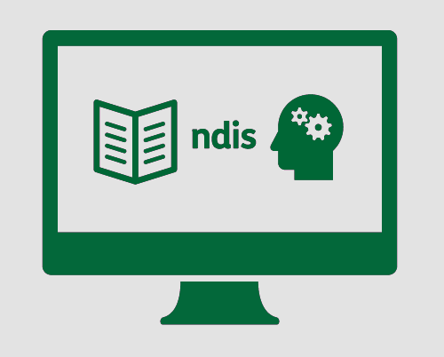 A monitor, with a booklet, 'ndis', and a person's head with cogs in it.