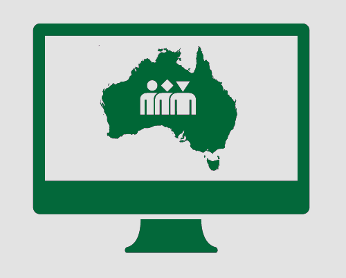 A monitor with Australia, and a group of people, symbolically represented as different cultures by the use of different shapes. 