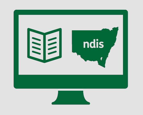 A monitor with a fact sheet, and New South Wales with NDIS in it. 