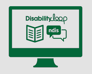 A monitor showing the Disability Loop logo, a booklet, and a conversation with 'ndis' in it.