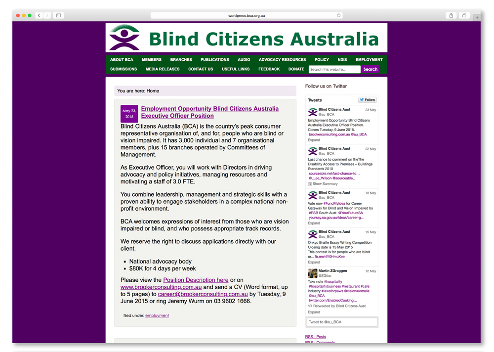 Screenshot of the Blind Citizens Australia website homepage. 