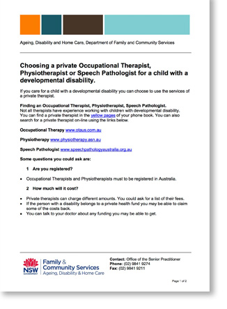 Screenshot of first page of the Choosing a private Occupational Therapist, Physiotherapist or Speech Pathologist for a child with a developmental disability document.