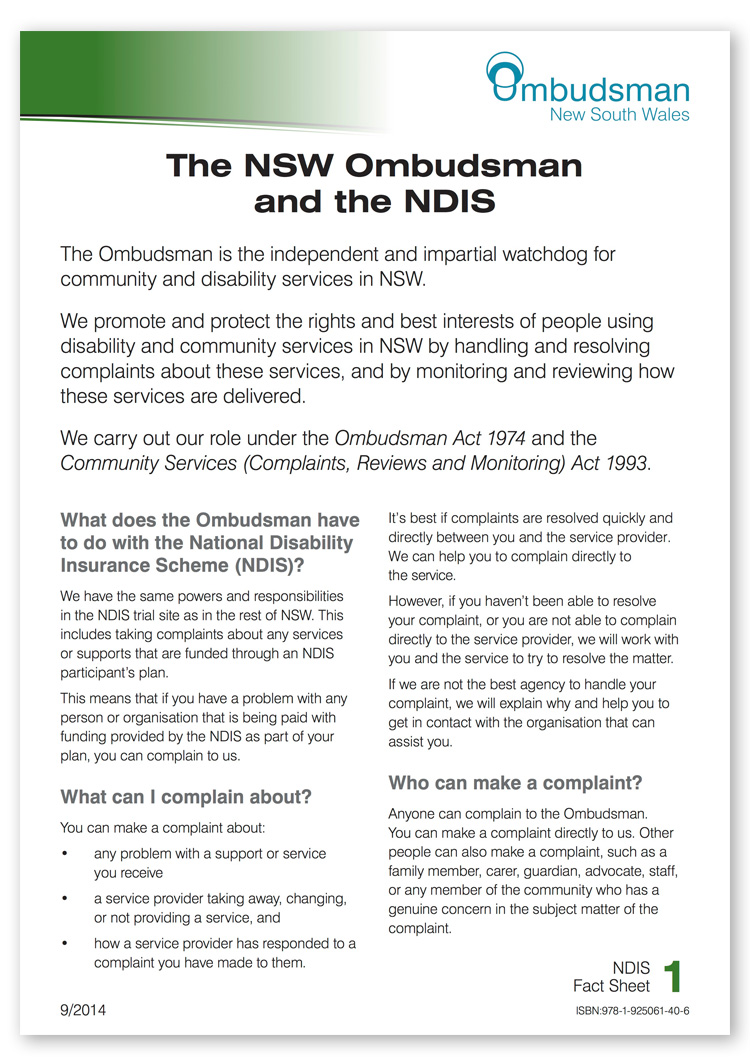 Screenshot of the first page of The NSW Ombudsman and the NDIS fact sheet.