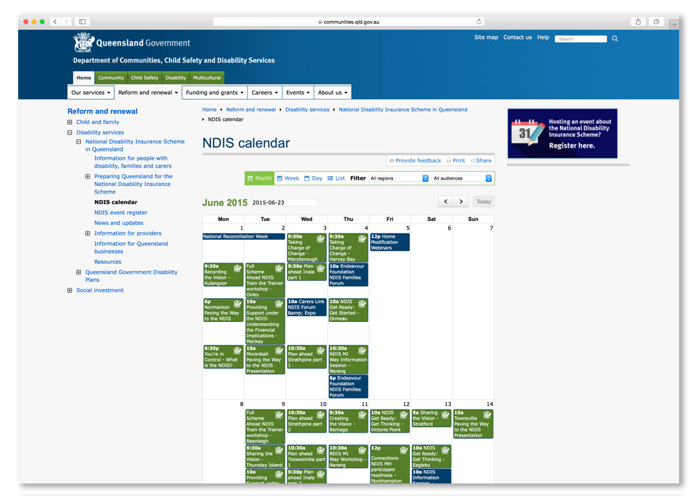 Screenshot of the Queensland Government NDIS calendar