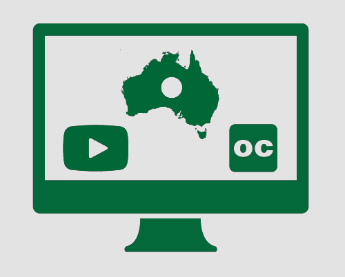 A monitor with Australian (with a circle in the middle akin to the Australian Aboriginal flag), a video 'play' button, and the symbol for Open Captions
