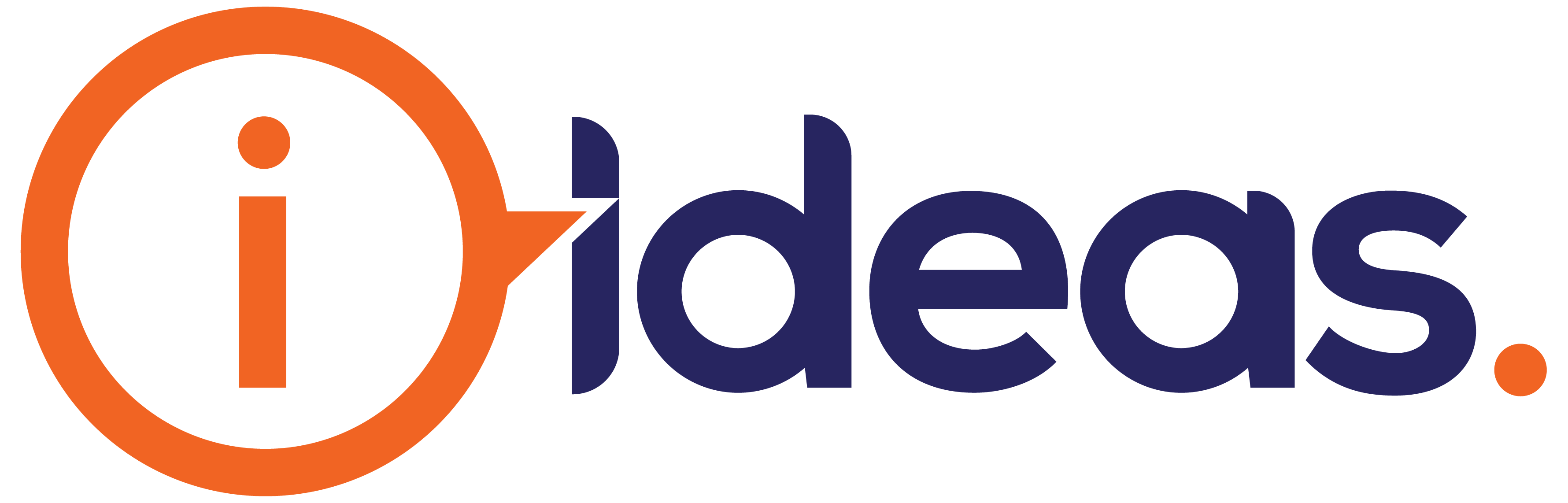 Ideas Logo, a round orange circle with the letter "i" inside and on the right are the letters "Ideas" in blue.