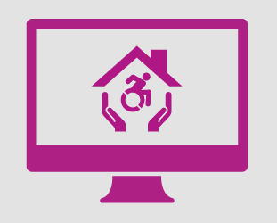 Monitor with a hands forming the base of a house, with a person in a wheelchair inside.