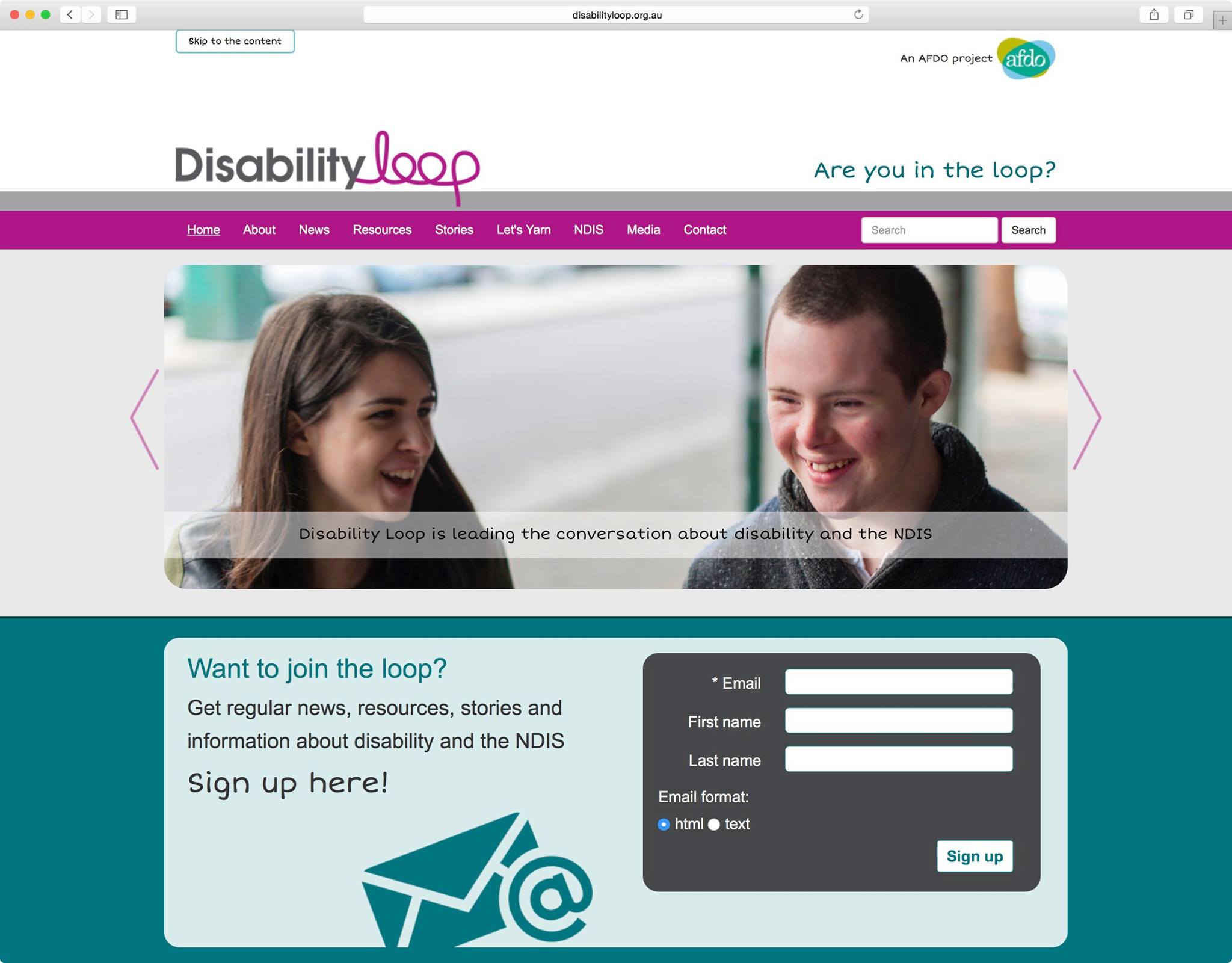 Screenshot of the Disability Loop website homepage.