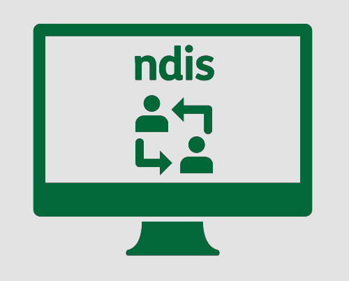 A monitor with two people in a feedback loop, and 'ndis'. 