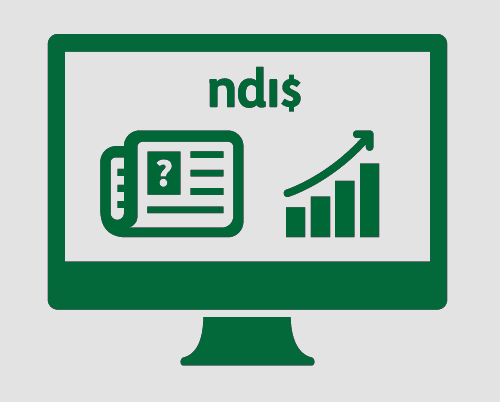 A monitor a newspaper and a question mark, a bar graph with an upwards moving arrow, and 'ndi$'