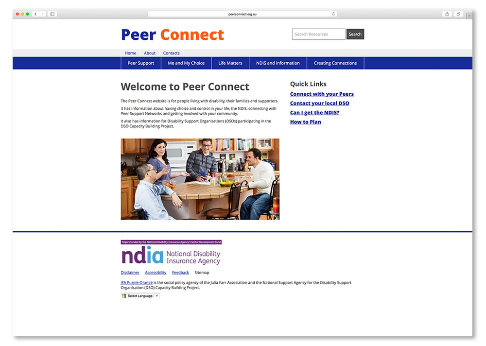 Screenshot of the Peer Connect homepage.