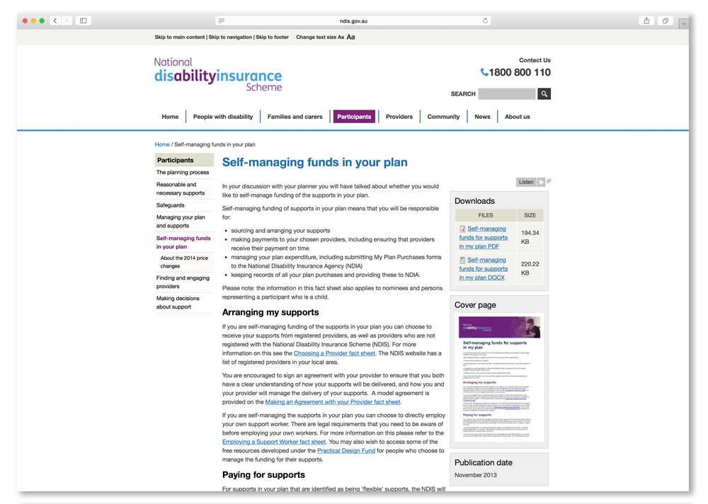 Screenshot of the Self-managing funds in your plan page on the NDIS website.