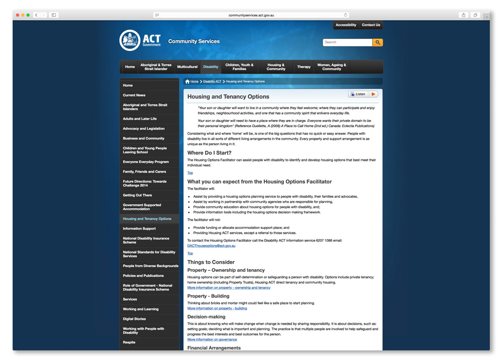 Screenshot of the ACT Community Services - Housing and Tenancy Options page