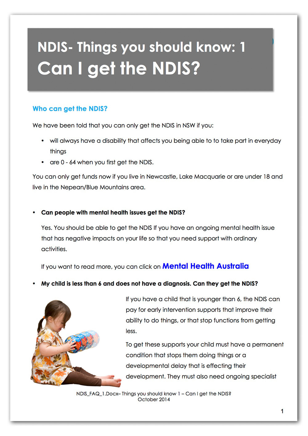 Screenshot of the first page of the Can I get the NDIS? Plain English fact sheet.