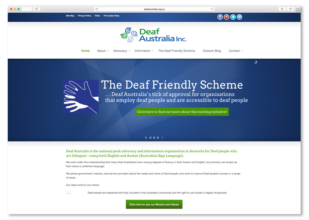Screenshot of the Deaf Australia website homepage.