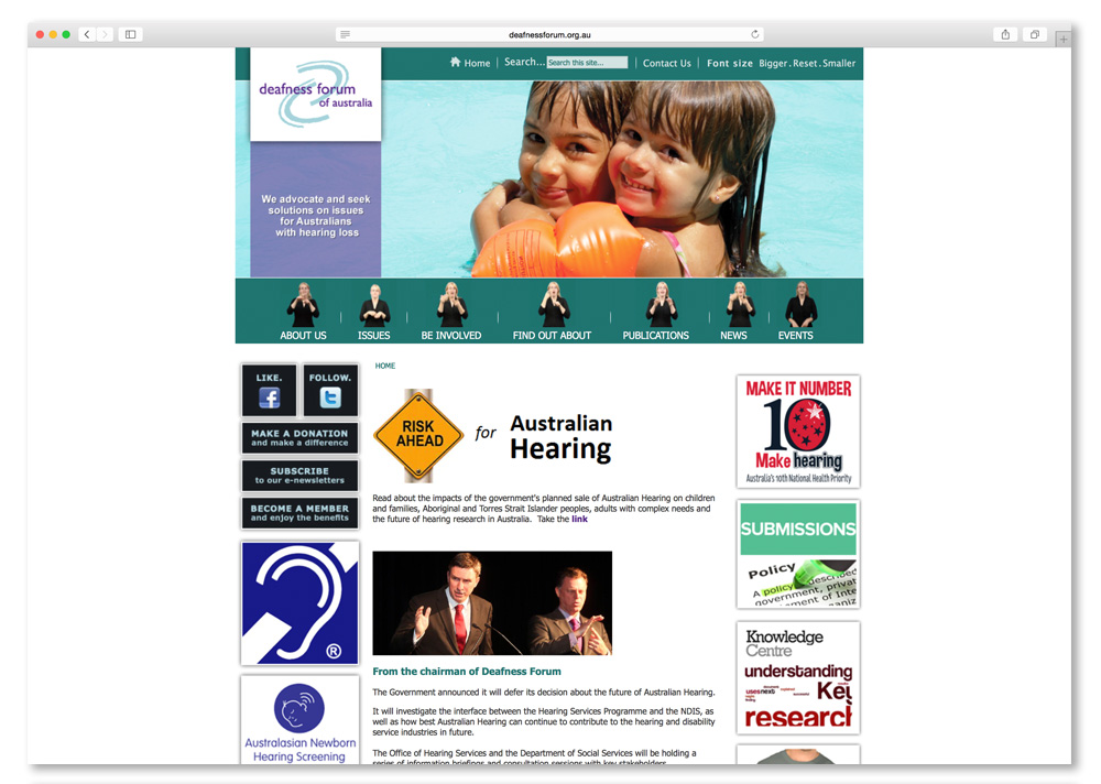 Screenshot of the Deafness Forum of Australia website homepage.