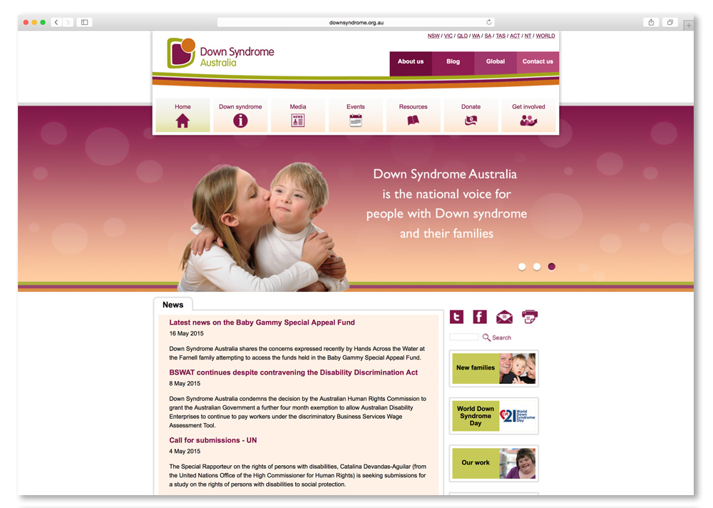 Screenshot of the Down Syndrome Australia website homepage. 