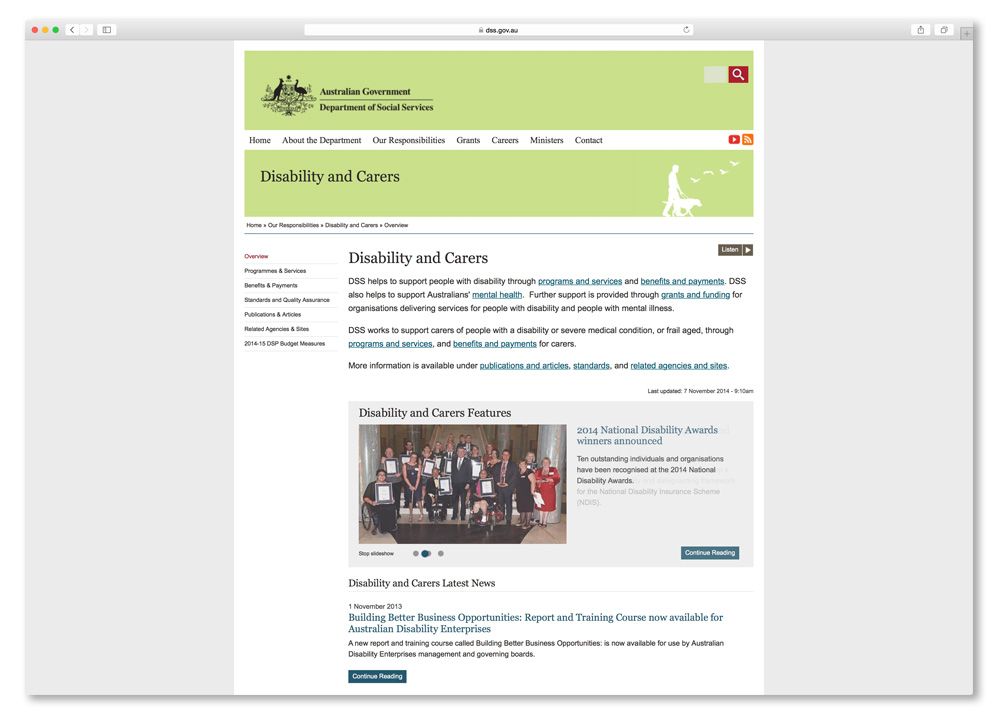 Screenshot of the Disability and Carers page on the Australian Government Department of Social Services website.