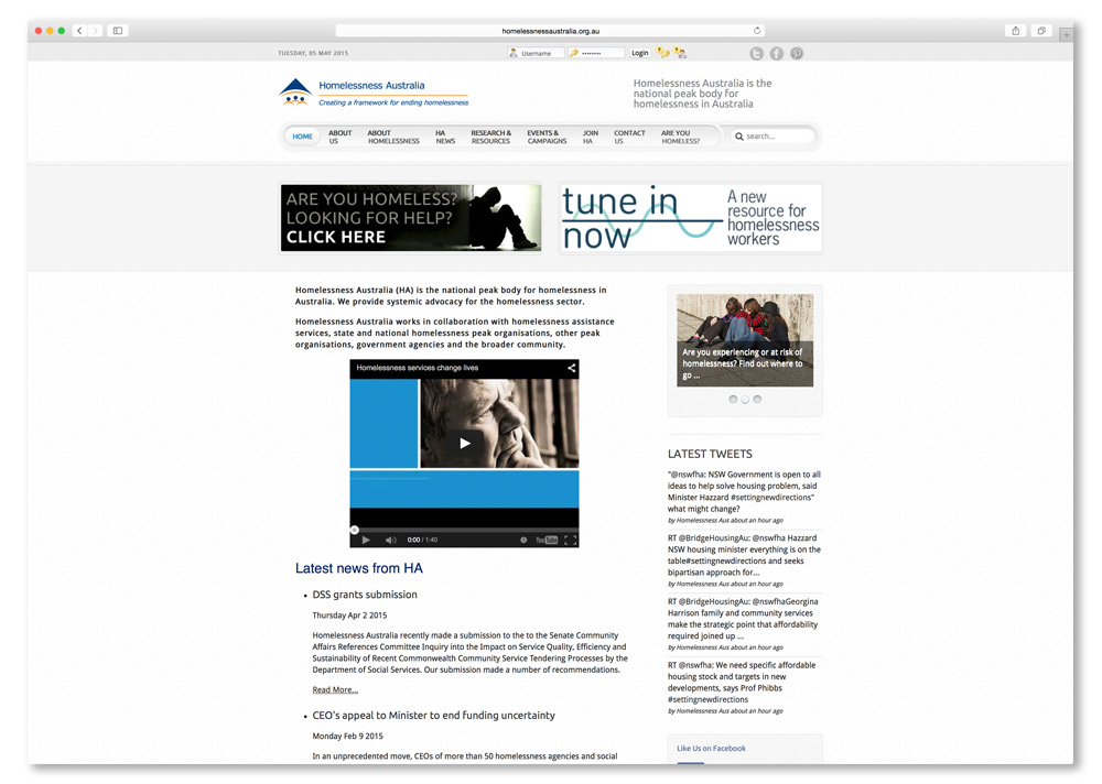 Screenshot of the Homelessness Australia website homepage.