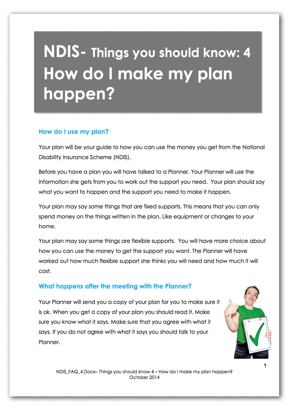 Screenshot of the first page of the How do I make my plan happen? Plain English fact sheet.