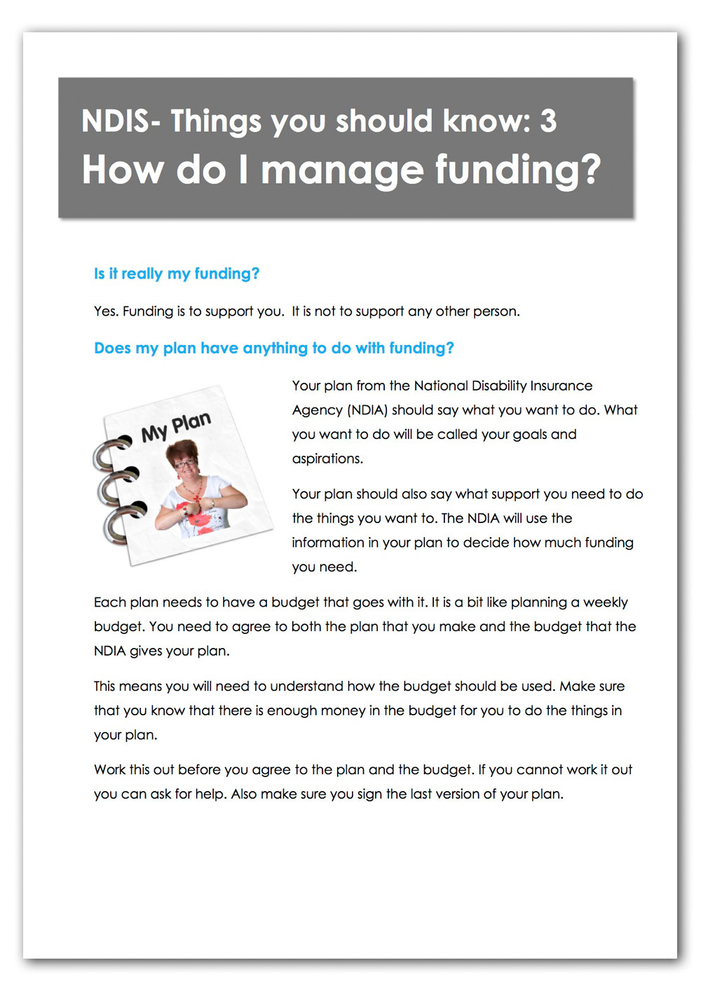 Screenshot of the first page of the How do I manage funding? Plain English fact sheet.