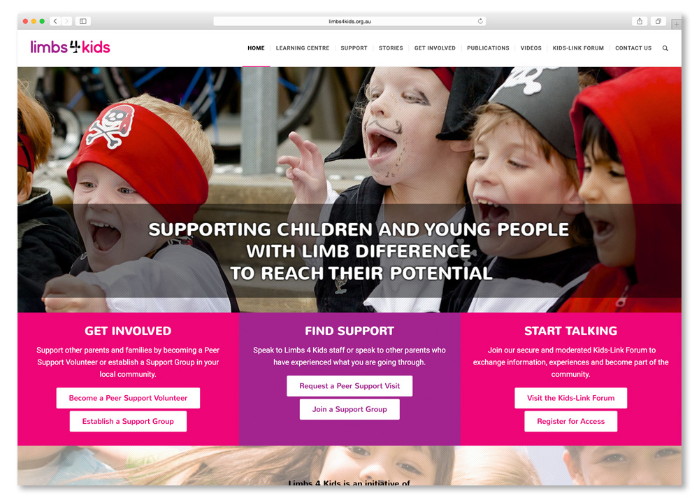 Screenshot of the Limbs 4 Kids website homepage.
