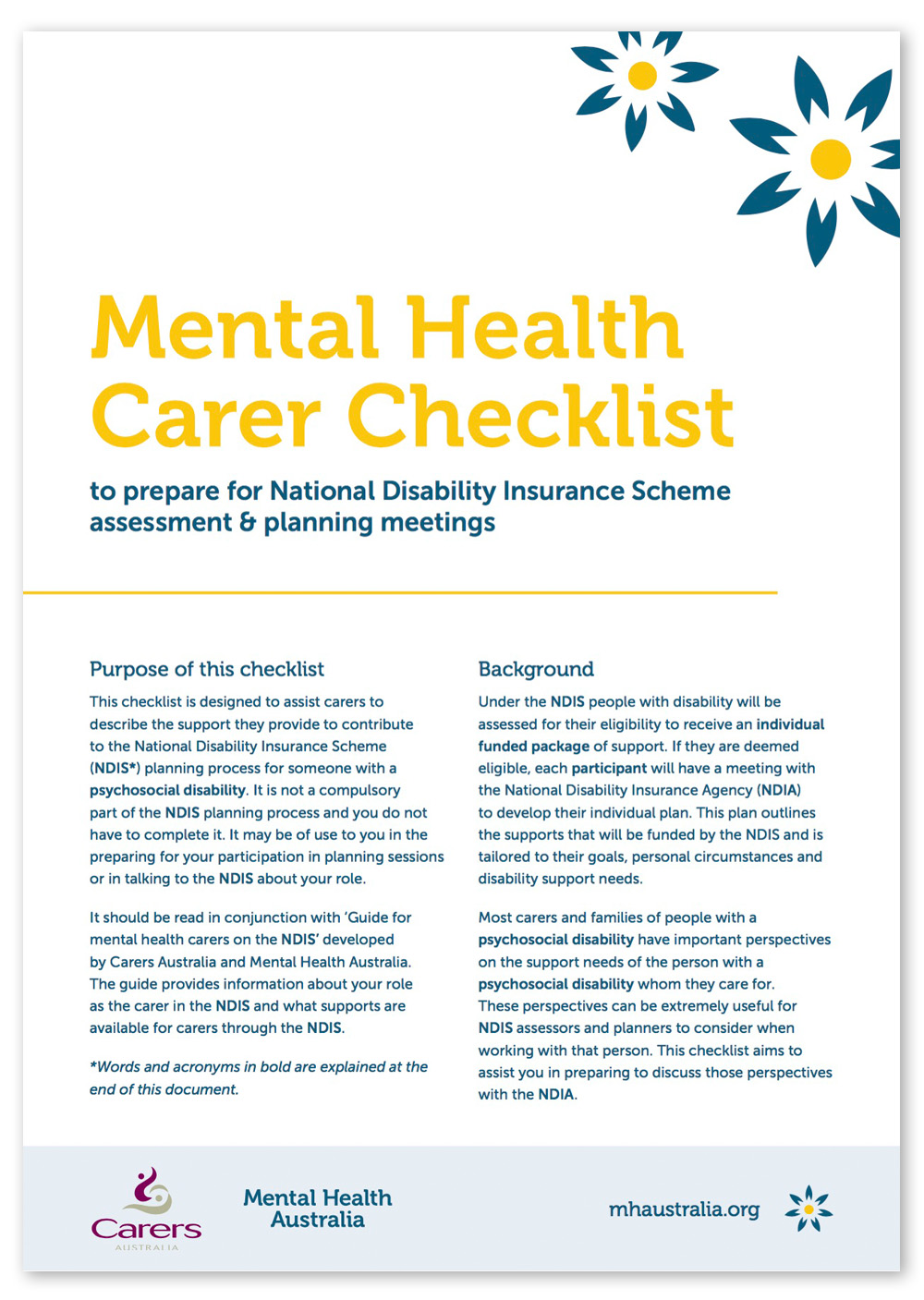 Screenshot of page 1 of the Mental Health Carers Checklist PDF