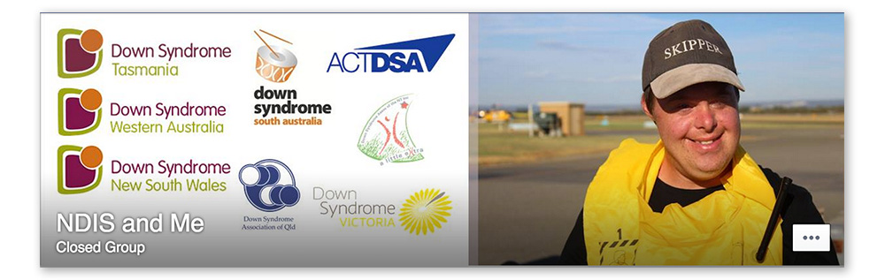 Screenshot of the NDIS & Me facebook group banner, which has the logos of the Australian state and territory Down syndrome associations, and a photograph of a young man with Down syndrome smiling at the camera. 