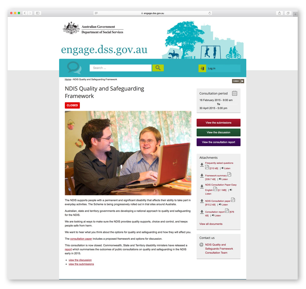 Screenshot of the NDIS Quality and Safeguarding Framework website from the Department of Social Services.