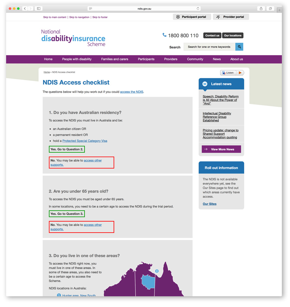 Screenshot of top half of the NDIS Access checklist page