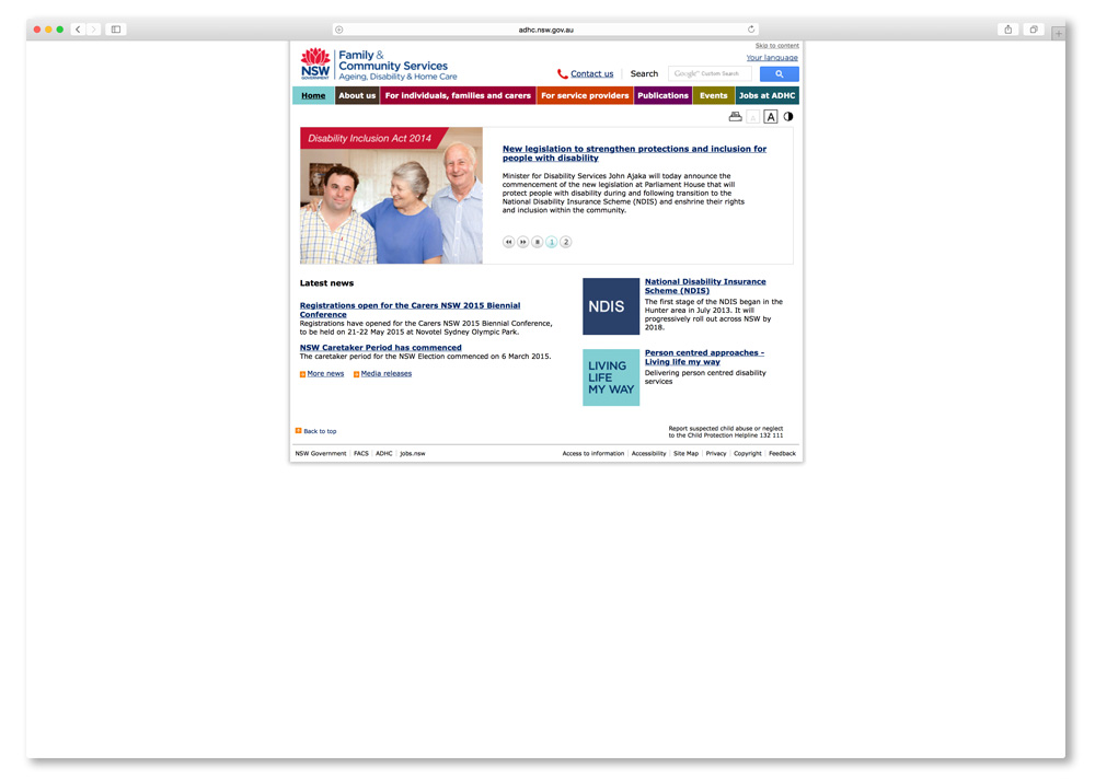 Screenshot of the NSW Government Ageing, Disability and Home Care website homepage.