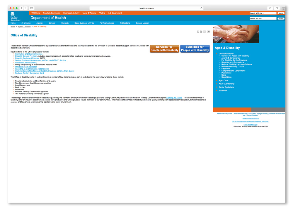 Screenshot of the Northern Territory Deptartment of Health - Office of Disability page.