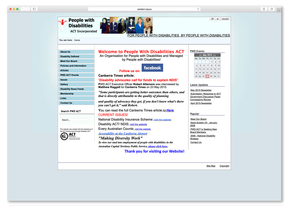 Screenshot of the People with Disabilities ACT website homepage.