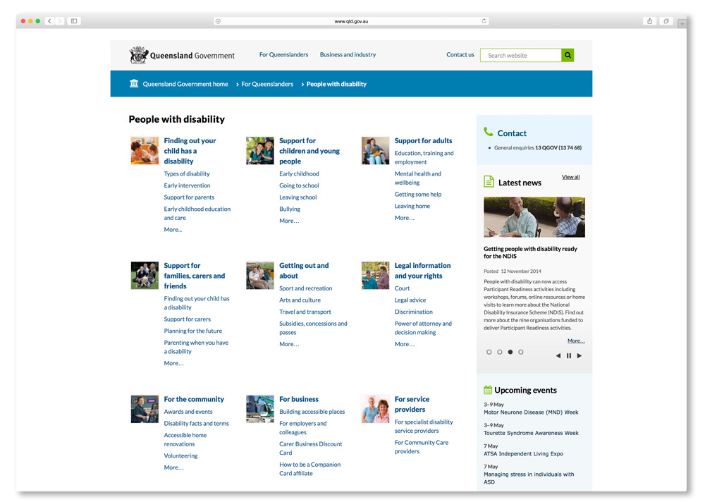 Screenshot of the People with disability section of the Queensland Government website.