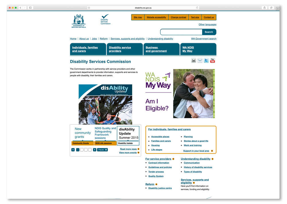 Screenshot of the Western Australian Disability Services Commission homepage.