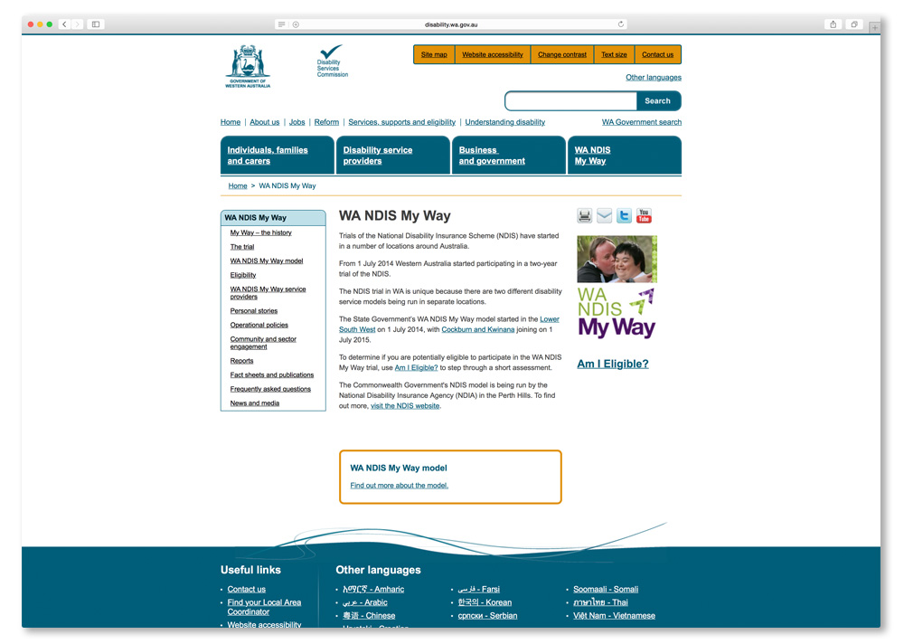 Screenshot of the WA NDIS My Way page on the Western Australian Disability Services Commision website.