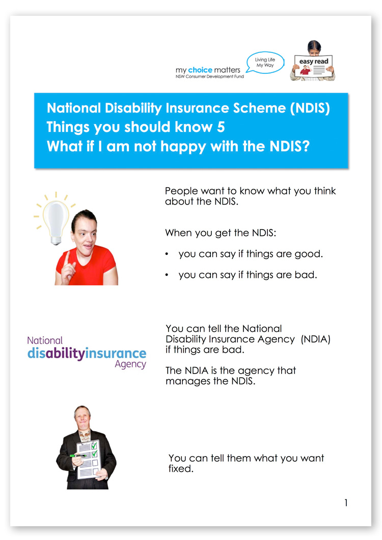 Screenshot of the first page of the What if I'm not happy with the NDIS? easy read fact sheet.