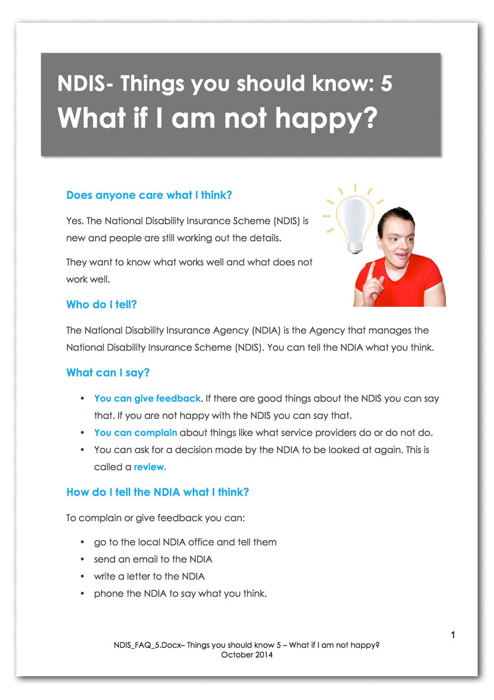 Screenshot of the first page of the What if I'm not happy with the NDIS? Plain English fact sheet.