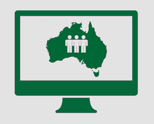 A monitor showing Australia, and three short statured people.