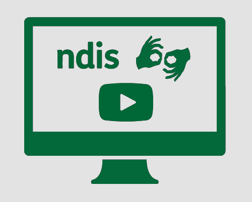 A monitor with 'ndis', the symbol for sign language, and a video play button.