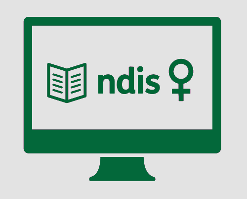 A monitor with a booklet, 'ndis, and the symbol for female. 